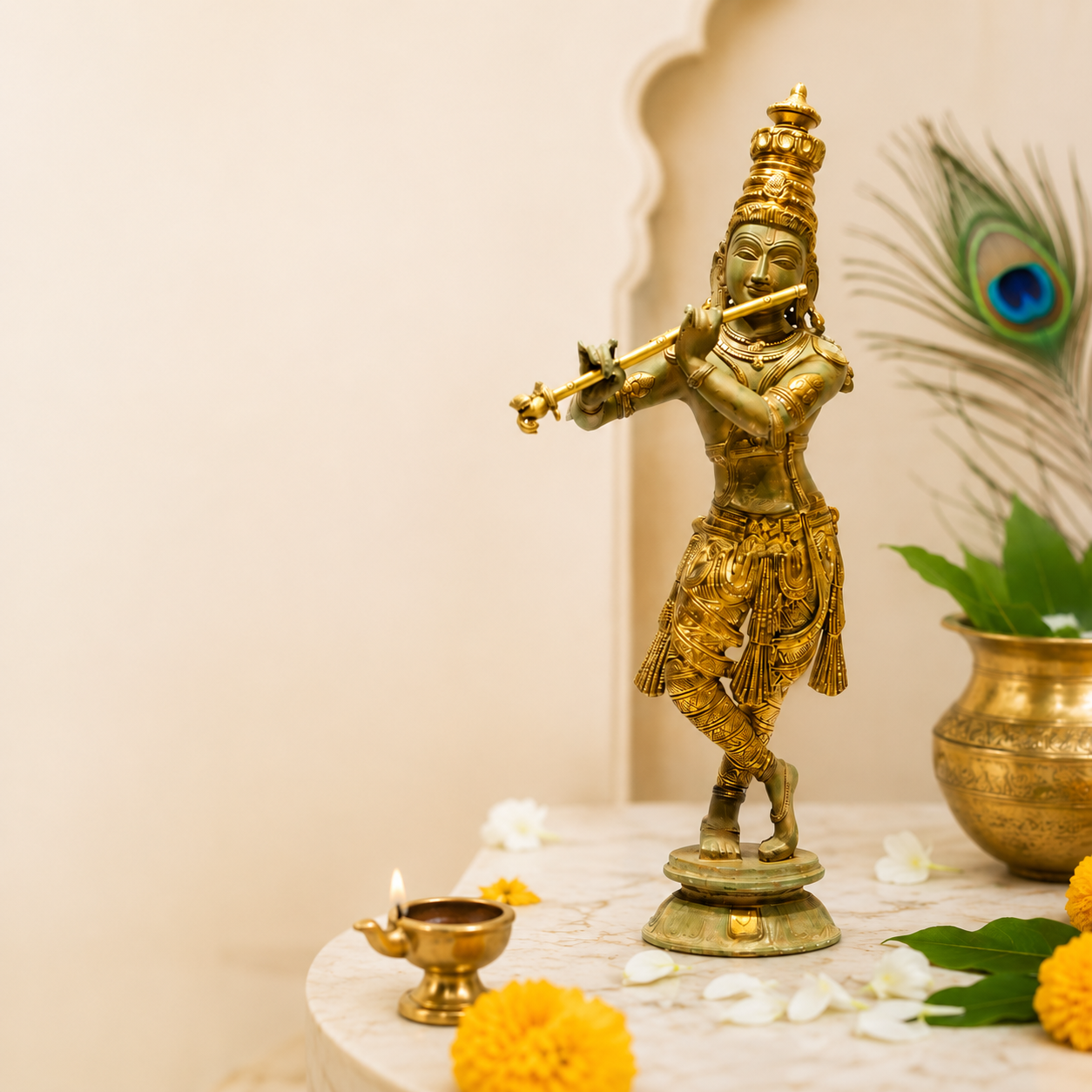 Brass Krishna idol playing flute for Janmashtami