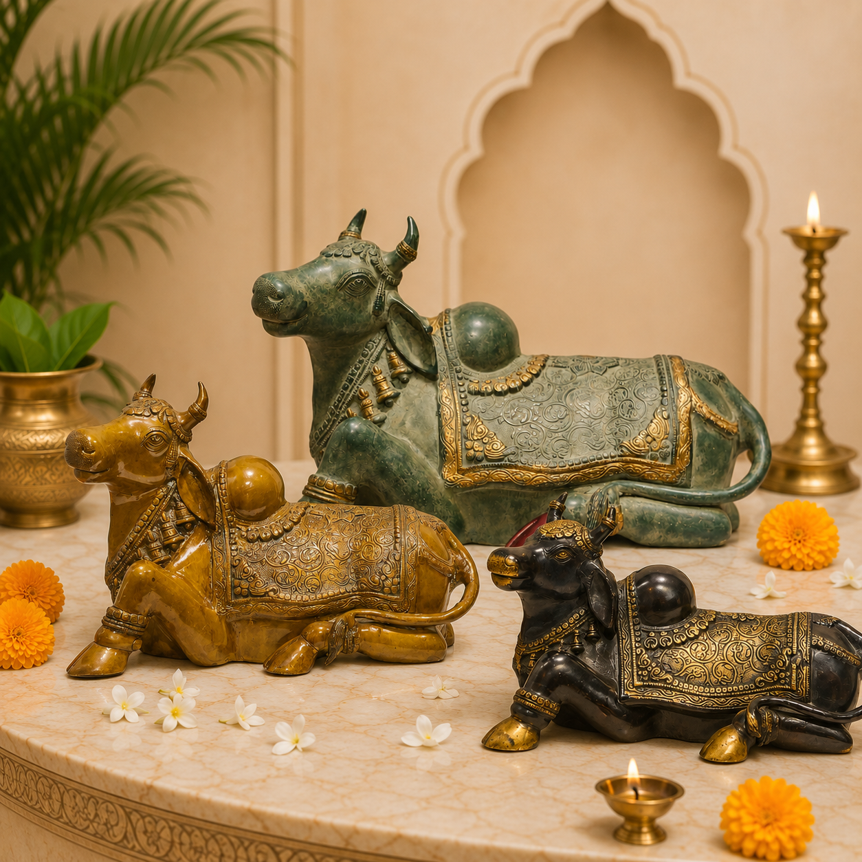 Three brass Nandi statues in an elegant Indian-inspired interior