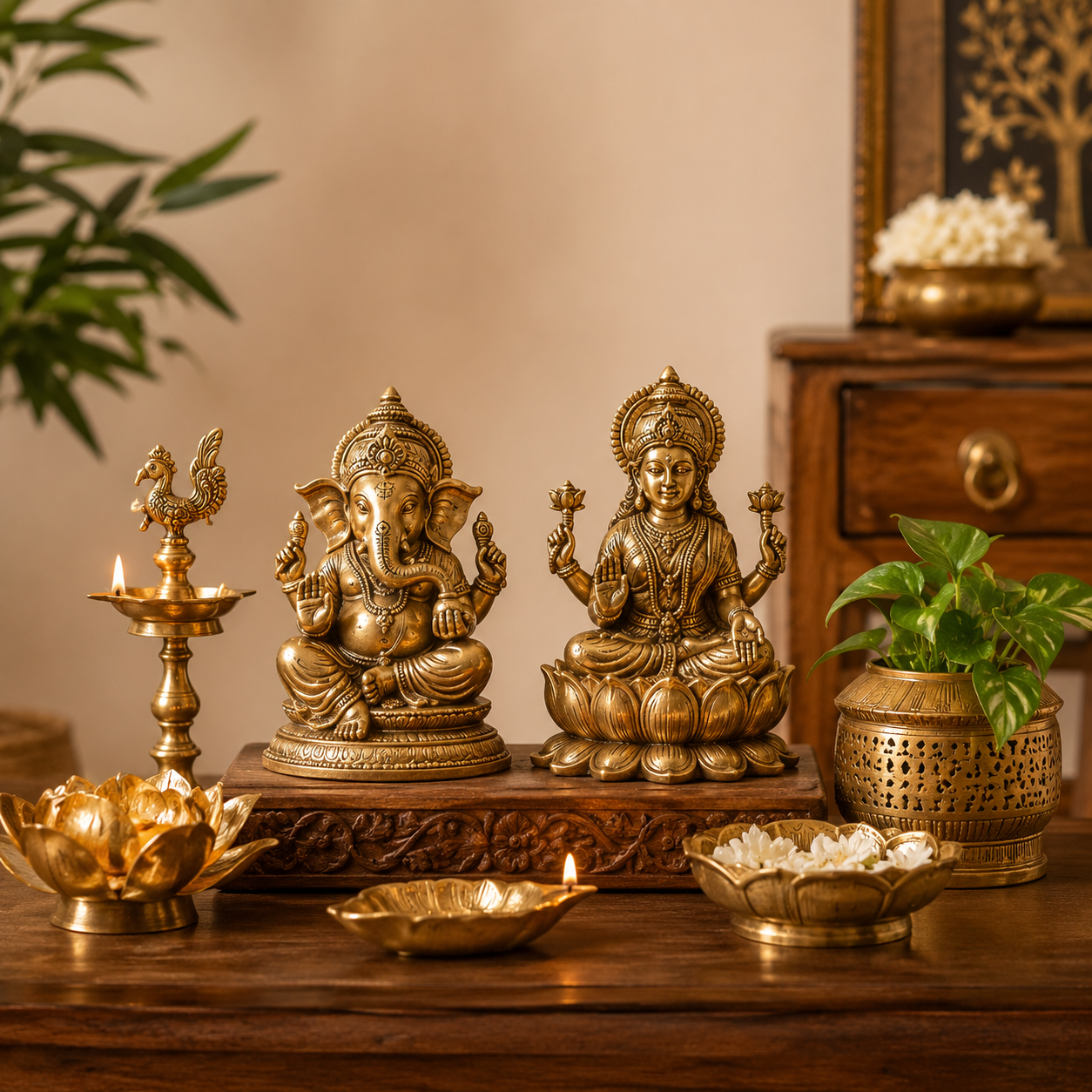 Brass Ganesha and Lakshmi idols styled with traditional brass diyas in a warm Indian home