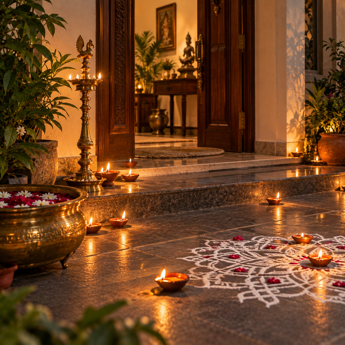 Realistic South Indian home entrance styled with traditional brass lamp, clay diyas, kolam and greenery for Karthigai Deepam