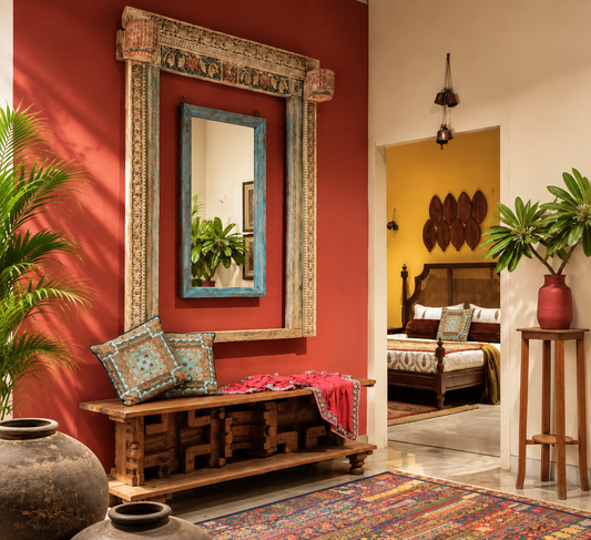 Full carved wall mirror styled in a warm Indian interior above a wooden bench