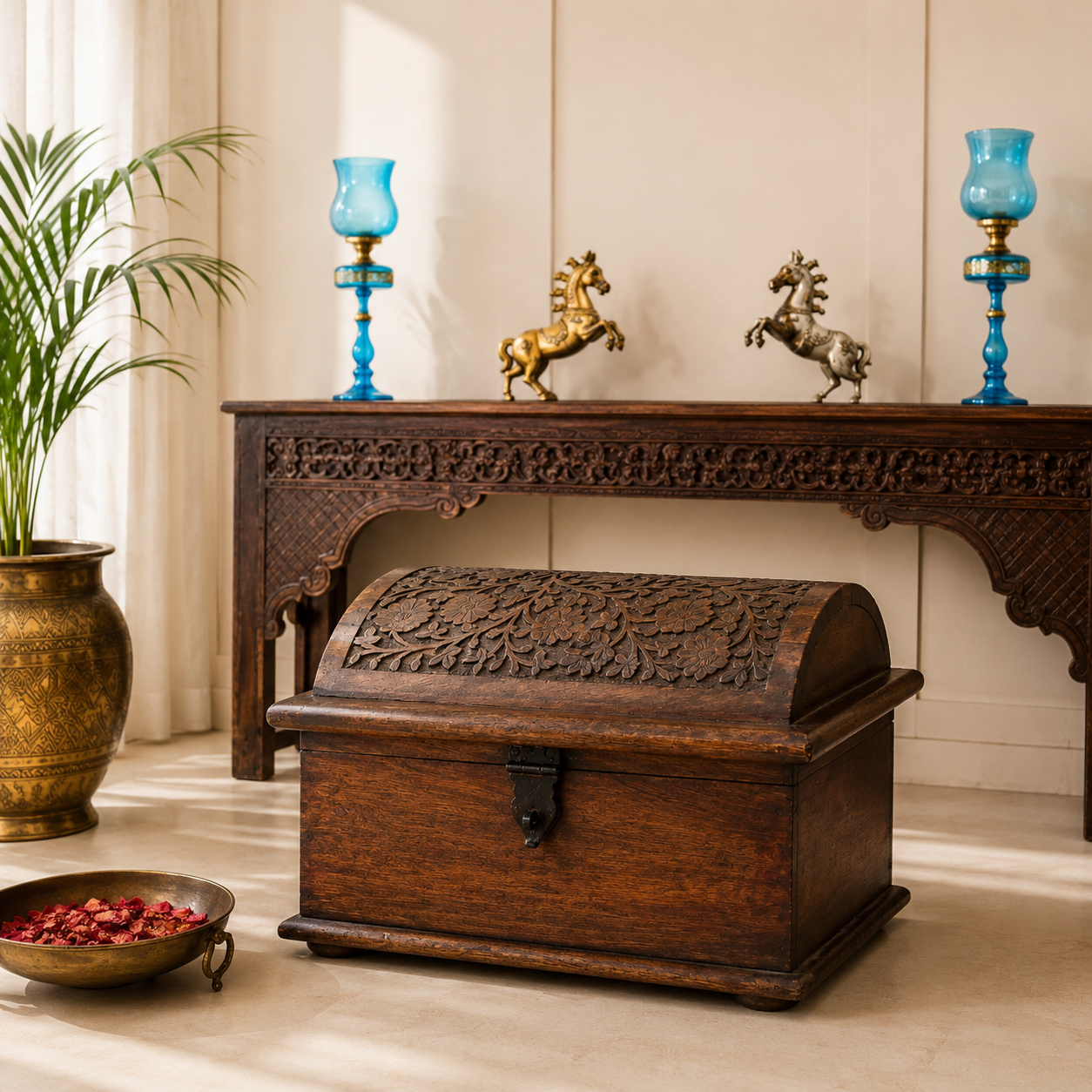 Wooden sandook chest in a warm Indian-inspired interior